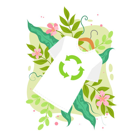 Sustainable fashion vector illustration. Cartoon isolated white cotton T shirt with recycle symbol on hanger among fresh spring and summer flowers, green leaves, eco friendly clothes for womanのイラスト素材