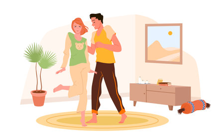 Happy couple dancing in living room vector illustration. Cartoon young man and woman in home clothes dancing together funny dance to music, romantic love date in home interior of husband and wifeのイラスト素材