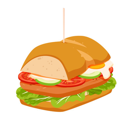 Sandwich vector illustration. Cartoon isolated halves of bread filled with hot meat and fresh vegetables slices, hoagie sandwich with stick, fast food snack for lunch in cafe, restaurant or homeのイラスト素材