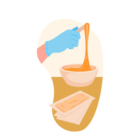 Hair removal with wax in beauty salon vector illustration. Cartoon isolated hand of cosmetologist in glove holding wax stick to apply and remove hair for smooth skin, skincare waxing strip on tableのイラスト素材