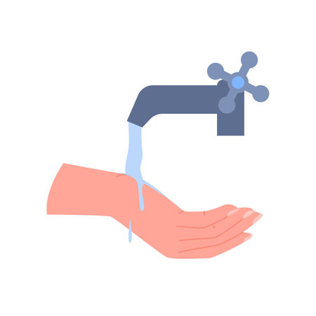 Wash hands vector illustration. Cartoon isolated arm under flowing water with splashes from tap, person cleaning hand in bathroom, sanitary personal protection from bacterias and healthy habitのイラスト素材