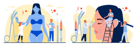 Medical liposuction surgery, beauty procedure for fat removal and weight loss in hospital. New aesthetic face of woman, facial beauty operation, medical procedure and aging treatment by surgeonsのイラスト素材