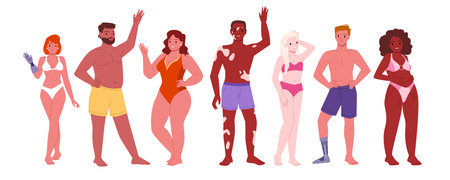 Body positive people set vector illustration. Cartoon isolated happy man and woman in bikini, with acceptance of different beauty and body features, friends characters standing together in rowのイラスト素材