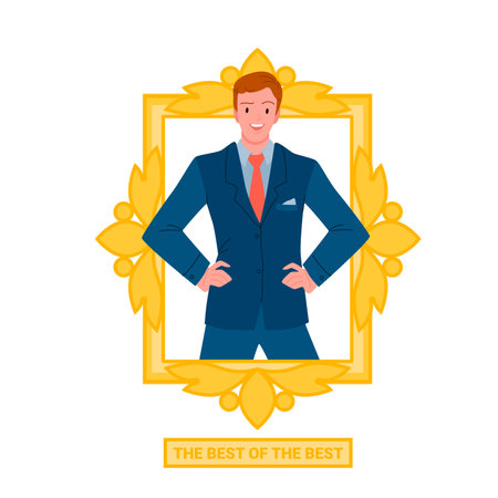 Best employee award vector illustration. Cartoon recognition, corporate congratulations and boss appreciation for top office worker of month or year, success of happy man in suit inside golden frameのイラスト素材