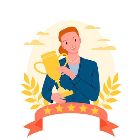 Best employee with golden trophy cup, award medal for winner of corporate work competition vector illustration. Cartoon isolated woman office worker inside recognition gold laurel wreath and ribbonのイラスト素材