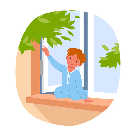 Danger of child falling out of open window vector illustration. Cartoon baby boy in romper sitting on windowsill of home apartment, risk attention of falls and injury for playing careless kidのイラスト素材