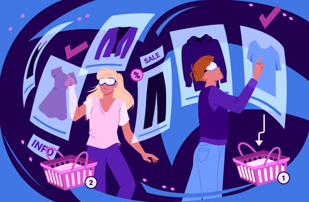 Shopping in Metaverse vector illustration. Cartoon girls in VR headsets choosing fashion clothes among holograms to buy online, innovation of immersive virtual experience and commercial promotionのイラスト素材