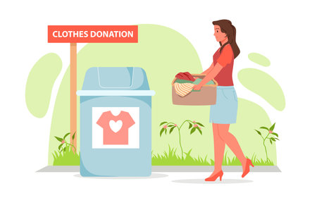 Recycle clothes donation, eco friendly fashion and charity vector illustration. Cartoon woman holding box to donate old used pile of shirts and dresses to cloth bank containerのイラスト素材