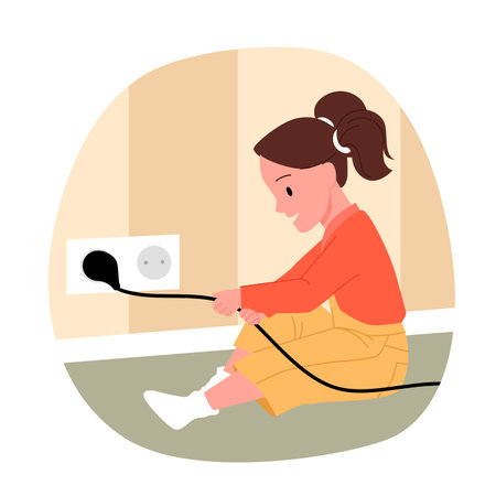 Accident with naughty child and dangerous electric socket vector illustration. Cartoon baby kid holding electrical appliance wire to play with hazard electricity, small girl sitting on home carpetのイラスト素材