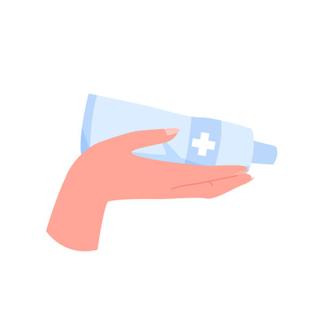 Hand holding container with medical cosmetic cream or ointment, disinfectant antibacterial gel to apply on skin vector illustration. Cartoon isolated plastic container with medicine in palm of handのイラスト素材