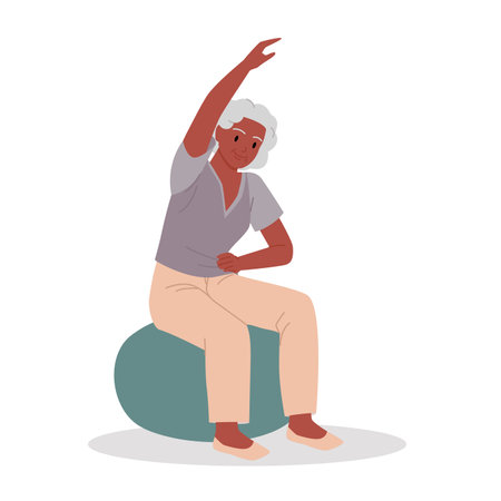 Elderly woman doing healthy physical exercise for back and neck in yoga workout vector illustration. Cartoon isolated grandmom sitting on chair to stretch, training flexible body with gymnasticsのイラスト素材