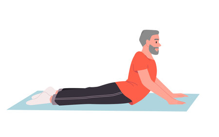 Senior man doing cobra yoga pose vector illustration. Cartoon isolated elderly grandfather training flexible body on mat, active stretching posture and morning yoga workout of old grandpa with beardのイラスト素材