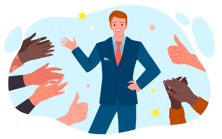 Cartoon people clap and congratulate, appreciate man with positive gestures, public praise, applause for good job. Hands of business team applaud to confident businessman in suit vector illustrationのイラスト素材