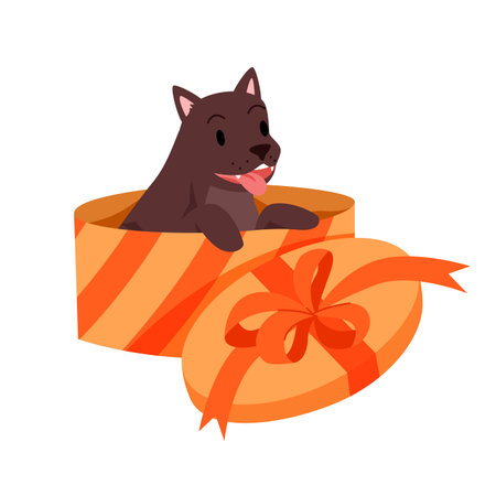 Happy funny small dog in open gift box vector illustration. Cartoon isolated round box with lid, bow and ribbons, brown cute puppy sitting in box for surprise present on celebration and adoptionのイラスト素材