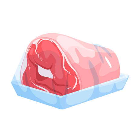 Pork leg in plastic tray vector illustration. Cartoon isolated supermarket or butchers shop packaging with frozen or raw cold meat product, vacuum container with polyethylene wrap for food storageのイラスト素材