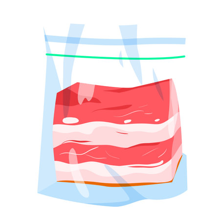 Pork belly in plastic package with zipper vector illustration. Cartoon isolated top view of bacon packaging, clear bag with meat section with streaks of fat, food product in vacuum transparent packのイラスト素材