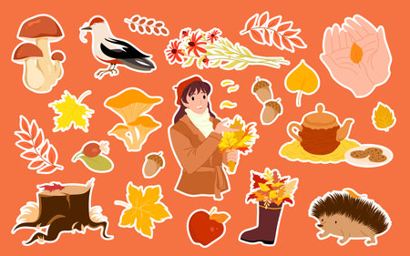 Autumn stickers set vector illustration. Cartoon isolated cute red and yellow maple, oak, rowan tree leaves of forest in boot or girls hand, mushroom in fall patches collection on orange backgroundのイラスト素材