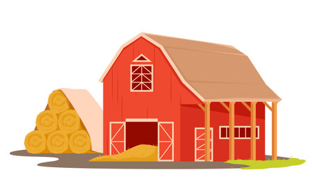 Red farm barn with hay bales vector illustration. Cartoon isolated wooden house for storage of straw pile and yellow haystacks from agriculture field, village warehouse with yard, old farmhouseのイラスト素材