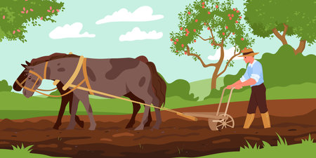 Farm horses plowing soil of field with plow vector illustration. Cartoon retro countryside scene with farmer and animals working to cultivate organic grain, old agriculture technology and productionのイラスト素材