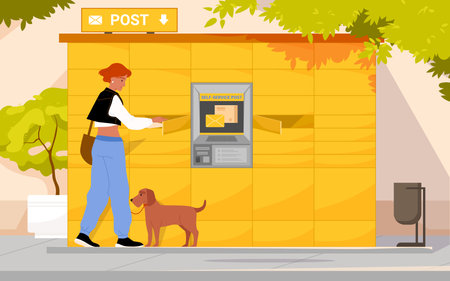 Self service in automatic post locker vector illustration. Cartoon woman using smart inpost terminal for storage and delivery of packaging, girl with dog opening locker door to pick up parcelのイラスト素材