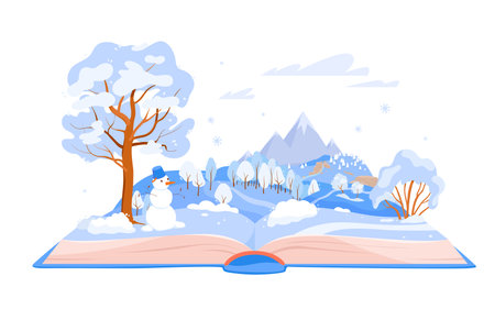 Winter fairy tale in magic book vector illustration. Cartoon isolated open storybook with snowy cold forest and mountains on pages, reading story about happy journey to Christmas fairytale forestのイラスト素材