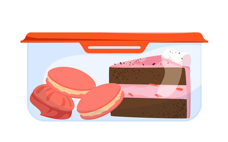 Food storage container for leftover sweets vector illustration. Cartoon isolated plastic or glass box with hermetic lid, slice of cream cake and cookie sandwiches, meals left over from holiday feastのイラスト素材