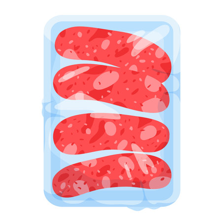 Sausages in plastic tray vector illustration. Cartoon isolated portion of frozen or fresh cold delicatessen meat sausages for barbecue and grill in supermarket container, box in polyethylene wrapのイラスト素材