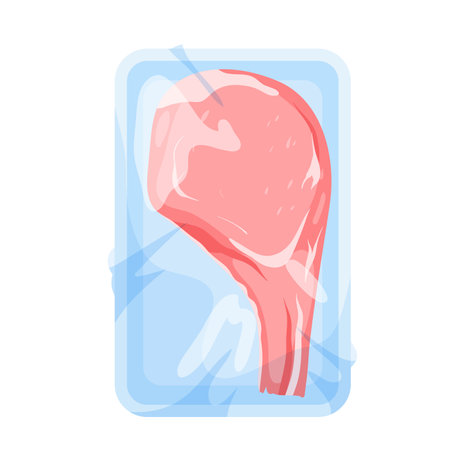 Frozen meat steak in plastic package vector illustration. Cartoon isolated supermarket or butchery tray with portion piece of red pork meat with bone, cellophane pack of raw protein food productのイラスト素材