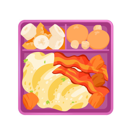 Lunch box with food vector illustration. Cartoon isolated divided plastic tray with healthy fruit snacks and cookies for coffee, cooked omelet with fried bacon strips, top view of open lunchboxのイラスト素材