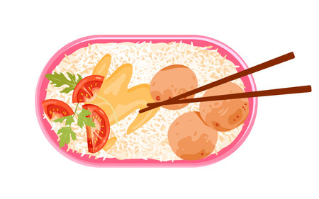 Lunch box with food and chopsticks vector illustration. Cartoon isolated bento top view, open plastic container with healthy homemade meals, cooked fried rice with healthy tomato salad and meatballsのイラスト素材