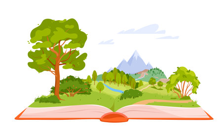 Summer fantasy story in magic book vector illustration. Cartoon isolated open storybook with green summer nature landscape on pages, literature about dream adventure and travel in fairytale forestのイラスト素材