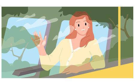 Traveling woman looking out window of train or bus vector illustration. Cartoon female young passenger character sitting on seat inside cabin, waving hand, glass reflection of green summer landscapeのイラスト素材