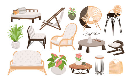 Balcony cozy modern furniture set vector illustration. Cartoon isolated boho lounge interior collection with summer flowers and green plants in pot, wood chair and table, hygge rattan armchairのイラスト素材