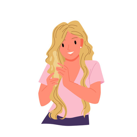 Girl takes care of blond wavy hair vector illustration. Cartoon isolated portrait of beautiful young woman holding waves of strands to apply cosmetic product, leave in conditioner treatment processのイラスト素材