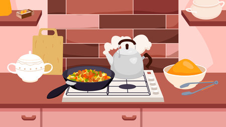 Kitchen interior with food cooking on heat of gas oven vector illustration. Cartoon kettle with boiling water and steam, stir fry with vegetable and meat ingredients in frying pan, cook processのイラスト素材