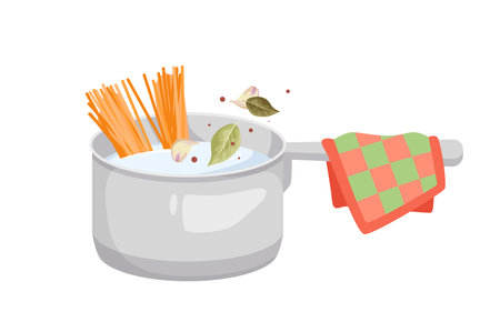 Spaghetti cooking process vector illustration. Cartoon isolated metal ladle with checkered kitchen towel on handle and boiling water, pasta and falling herbs and spices ingredients, food preparationのイラスト素材