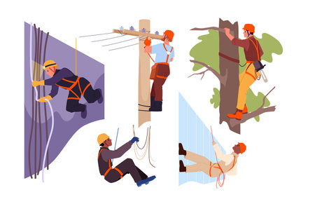 Industrial climbers at work set vector illustration. Cartoon isolated construction workers climbing at building wall, professional technician hanging high, arborist cutting tree with chainsawのイラスト素材