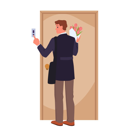 Man standing at closed front door to ring doorbell. Male character holding bouquet of flowers to give to woman, pressing bell button, guest visit with holiday gift cartoon vector illustrationのイラスト素材