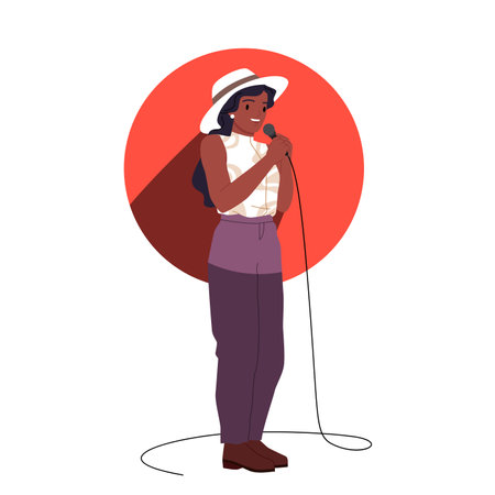 Comedy standup show with talent girl jokes on theater stage in spotlight red circle. Female comedian in hat standing with microphone at humor concert in night club cartoon vector illustrationのイラスト素材