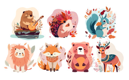 Cute baby animals in autumn nature set vector illustration. Cartoon isolated collection of woodland scenes with fall floral pattern and ornament, funny wild beaver hedgehog squirrel lion fox deer bearのイラスト素材