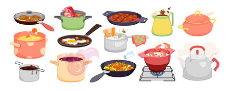Pots with food and drink set vector illustration. Cartoon isolated kitchen equipment collection with cooking meat and vegetables, saucepan with spaghetti or soup on gas stove, frying pan with sausagesのイラスト素材