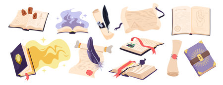 Magic books and fairy scrolls set. Open and closed fantasy paper books with ray of light from spells, runes and mystery, medieval manuscripts for reading by wizard cartoon vector illustrationのイラスト素材