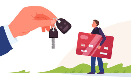 Buy or rent car, dealership, sales offer or rental service. Big hand of dealer businessman or owner holding auto key to sell to smiling happy tiny customer with credit card cartoon vector illustrationのイラスト素材