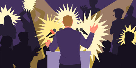 Man speaker speaking from podium in spotlight and camera flashes, back view. Public interview of politician or male leader in front of mass media journalists silhouettes cartoon vector illustrationのイラスト素材