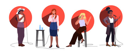 Girls present standup comedy show on stage at open mic set. Female characters in spotlight red circle holding microphone to tell jokes, standing or sitting on chair cartoon vector illustrationのイラスト素材