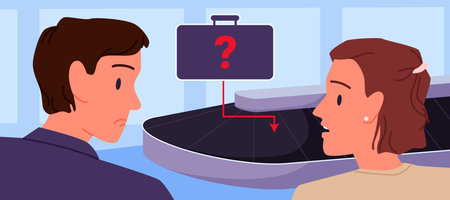 Lost luggage while travel by airplane. Young man and woman in anxiety check and search baggage on conveyor belt in airport hall, couple missing suitcase after plane flight cartoon vector illustrationのイラスト素材