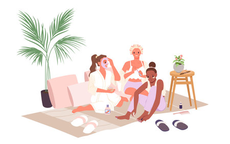 Beauty procedures for girls at hen party, sleepover of best friends. Cute girls in pajamas doing facial mask, manicure and pedicure while sitting on carpet and pillows cartoon vector illustrationのイラスト素材