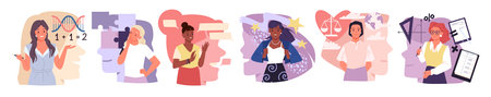 Female and male characters with focus on emotion or logic thoughts cartoon vector illustration. MBTI...
