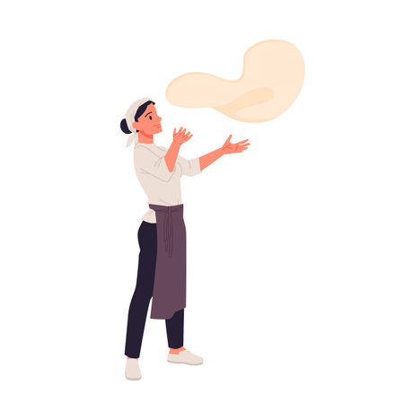 Female pizzaiolo making traditional Italian pizza in pizzeria. Woman in apron of restaurant or bakery uniform, girl standing and tossing dough, flatbread flying in air cartoon vector illustrationのイラスト素材