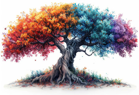 Colorful big tree, watercolor art. Retro vintage wallpaper. Tree of life illustration. Abstract watercolor background.の素材